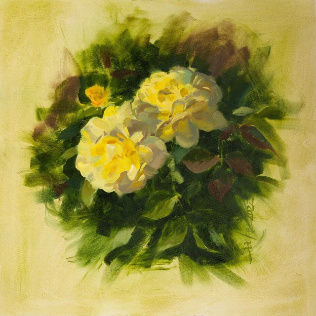 Olio originale su tela pittura fiori, rose gialle, arte floreale 16" quadrato
