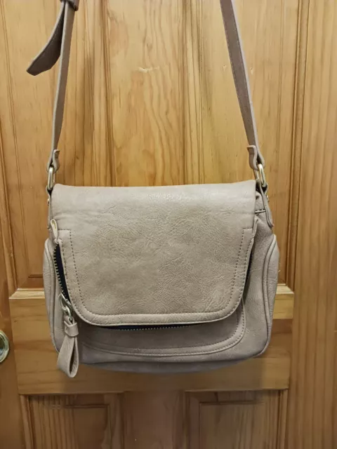 Madison West Purse Crossbody Shoulder Bag Vegan Leather Expandable Medium Taupe