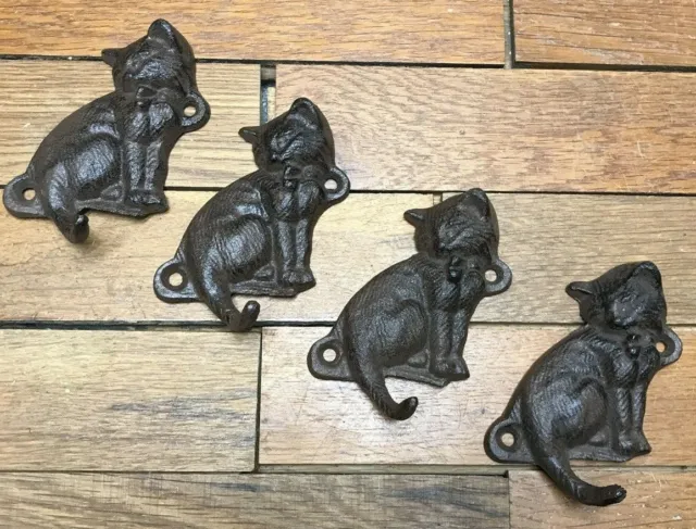 4 Cat Kitten Kitty Coat Hooks key Wall 4-1/4" rustic cast iron hanger leash deck