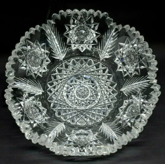 Antique Cut Glass Bowl Fern & Hobstar American Brilliant Period Thick & Heavy