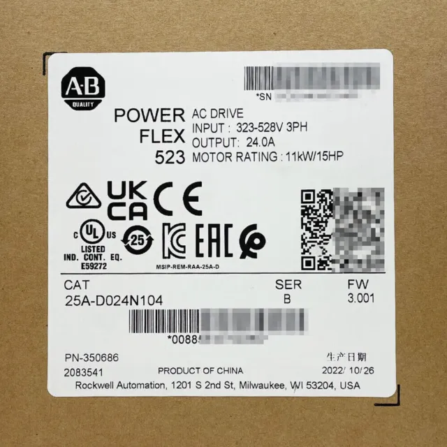 New AB 25AD024N104 Allen-Bradley 25A-D024N104 PowerFlex 523 11kW 15Hp AC Drive