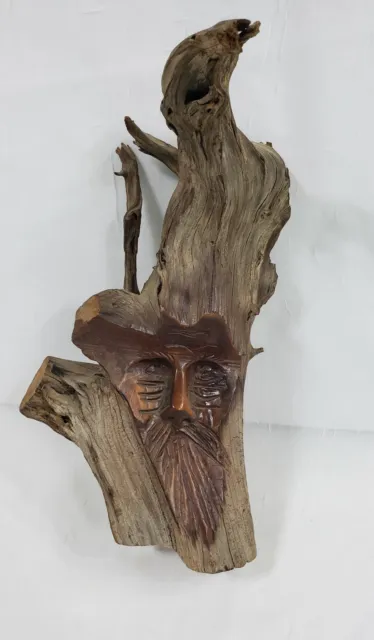 Hand Carved Driftwood Folk Art Old Man Face Spirit Head Nautical