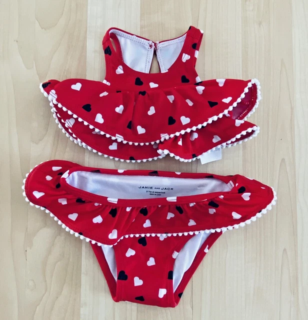 Girls 3-6 Months Janie & Jack 2pc Swimsuit Red With Hearts Ruffle Pom Pom Trim
