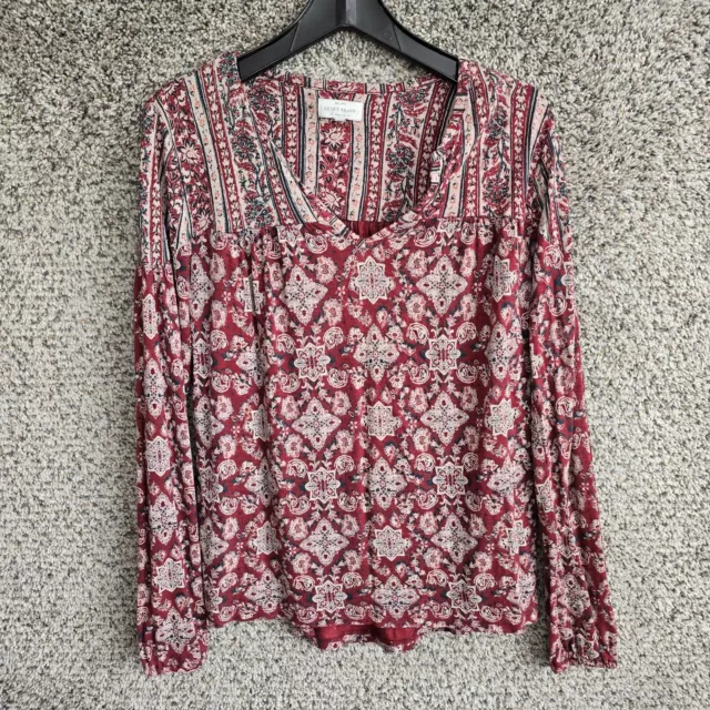 Lucky Brand Top Womens Large Red Floral Print Boho V-Neck Long Sleeve Tee Casual