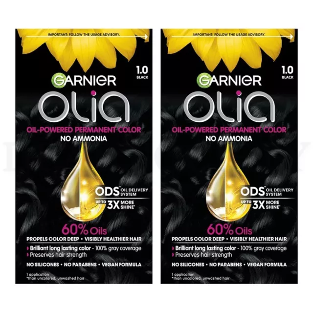 Garnier Olia Ammonia-Free Oil-Rich Permanent Hair Color 1.0 Black Lot of 2