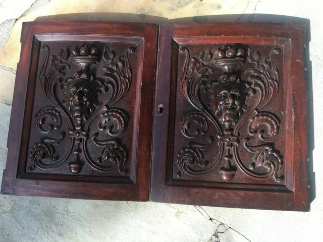 Antique Pair Wood Carved Doors Panels Gargoyle Face European Gothic