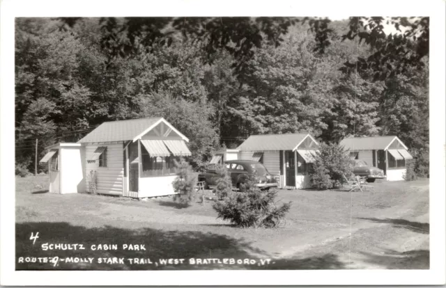 Brattleboro VT RPPC Schultz Cabin Park Cottages Classic Car Vermont Postcard 330