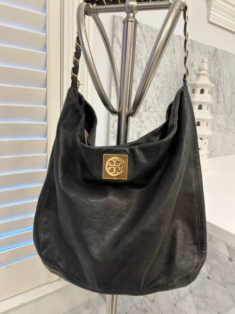 Tory Burch Black Leather Hobo Shoulder Bag with Leather & Gold Chain Strap