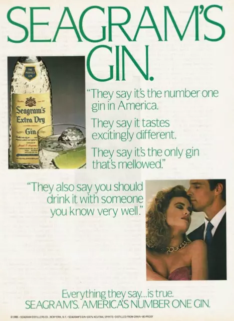 1986 Vintage Print Ad Seagram's Extra Dry Gin America's Number One Say Is True