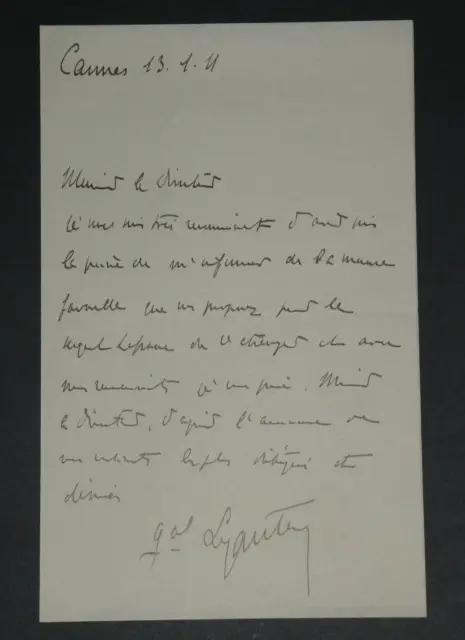 Maréchal LYAUTEY - Lettre Autographe Signée de remerciement, 1911