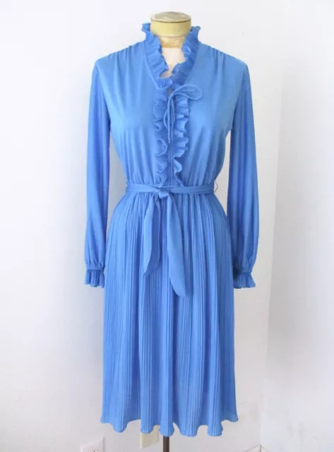 VGC Vtg 70s Cornflower Blue Poly Chiffon Accordion Pleat Ruffle Disco Dress S