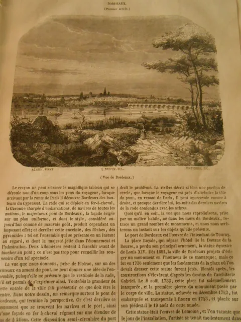 Bordeaux vue partie de la rade Eglise Chapeau Rouge Gravure Print 1844