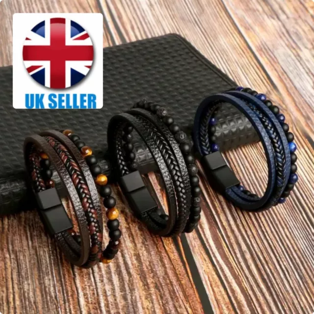 Men Premium Handmade Leather Braided beads Wristband Bracelet unisex UK  Seller