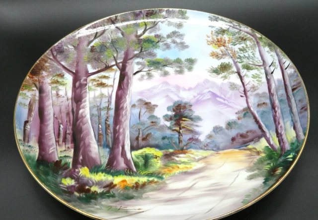 Vintage Japan Hand Painted Plate Forest & Mountain Scene signed by artist 12" di