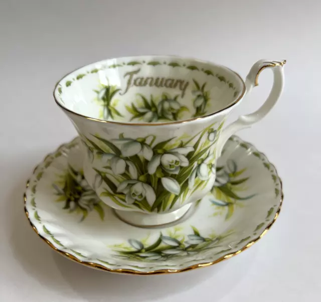 Royal Albert January Flower of The Month Snowdrops Tea Cup & Saucer Set EXCELLNT