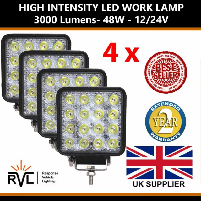 12V 24V 4 Bright Square 48W LED Work Lamp Flood Light Tractor Recovery Truck Van