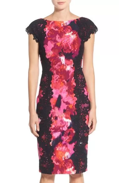 MAGGY LONDON LACE DETAIL & CREPE FLORAL PRINT SHEATH DRESS sz  4P