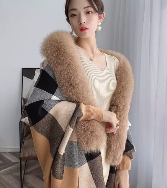 Women's Cashmere Shawl with Real Fox Fur Collar Cloak Warm Fur Coats Poncho Cape