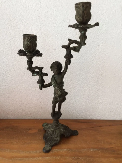 Bougeoir Ancien Angelot En Bronze - Style Art Déco Début XXe Siècle - Doré