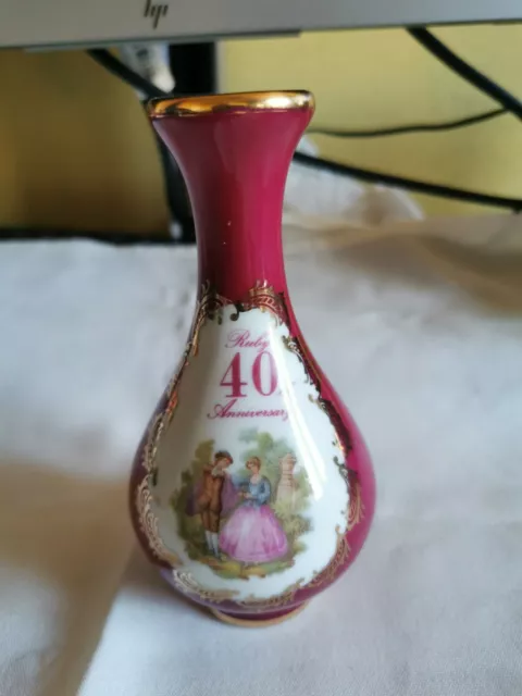 Limoges La Reine 40th Anniversary vase. Ruby wedding porcelain gilt vase vintage