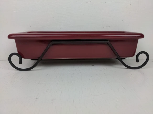 Henn Pottery Red Rectangle Tray Dish Wrought Iron Holder 3