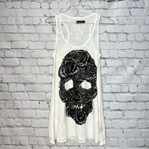 Lauren Moshi white roses skull swing graphic tunic tank size medium new