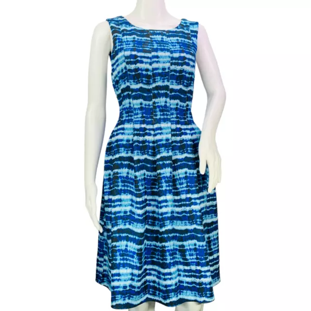 Calvin Klein Womens Fit N Flare Scuba Dress Pleated Stretch Blue Tie Dye Size 8