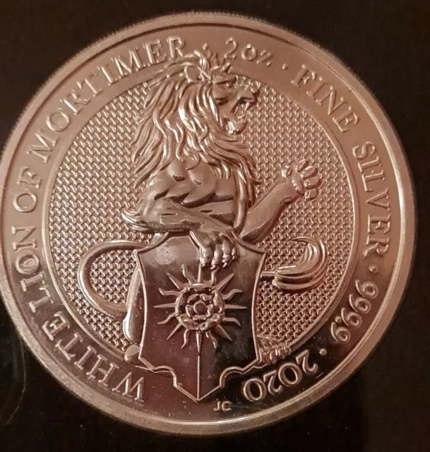 2020 Großbritannien 2 OZ Silber Queen's Beasts Weißer Löwe von Mortimer, Stgl.