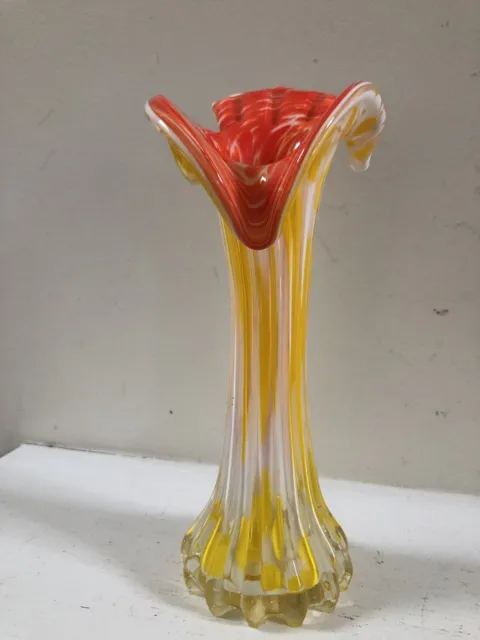 Murano Inspired Yellow, White & Orange Hand Blown Art Glass Vase With Flaw