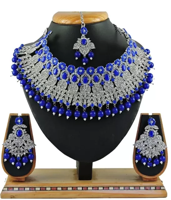 Blue Indian Bollywood Fashion Silver Plated Diamond Jewelry Wedding Necklace Set
