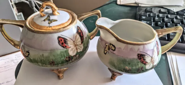 Nippon Hand Painted Creamer Sugar Moriage Gold Butterfly E-OH China