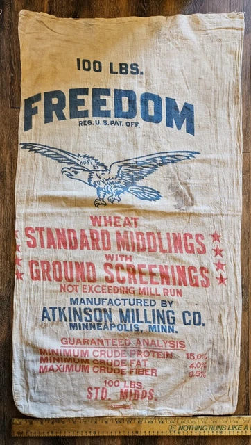 Vtg Freedom Atkinson Milling Co. 100 Lb Feed Bag Minnestota