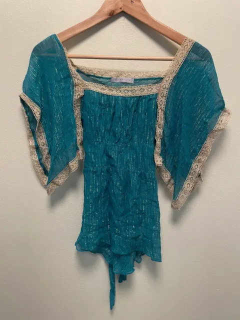 Vintage Monteau Womens Top Size M Blue Flare Sleeve Glitter Sheer Fairy Y2K