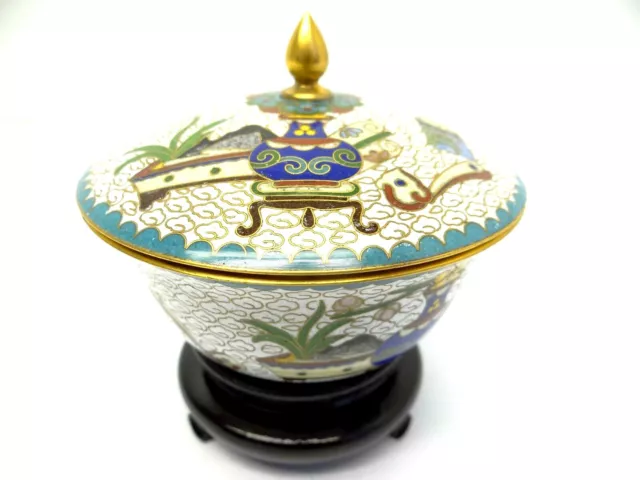 Vintage Used Chinese Fine Quality Cloisonné Jar Bowl with Lid Stand Decorative