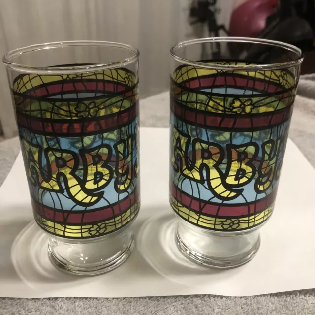 Set of 2 1970s Classic Vintage Arby's Restaurant Stained Glass Tumblers 16 Oz