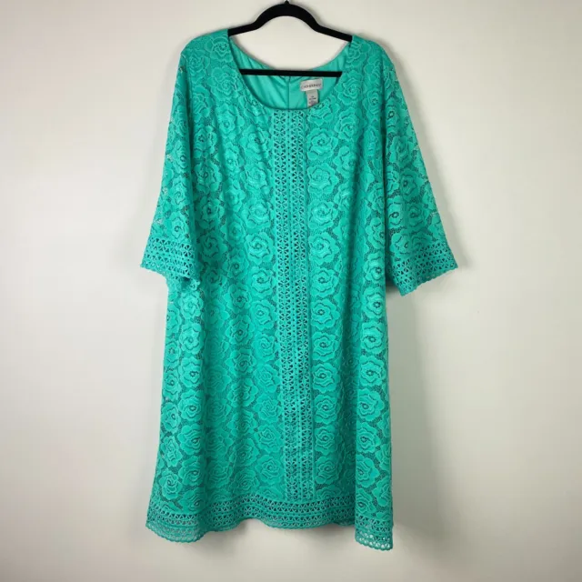 CATHERINES FLORAL LACE Overlay Shift Dress Womens 3X Teal Green 3/4 ...