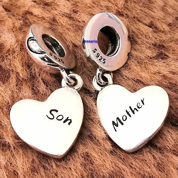 925 Sterling Silver Mother & Son Heart Split Dangle Charm Fit European Bracelets