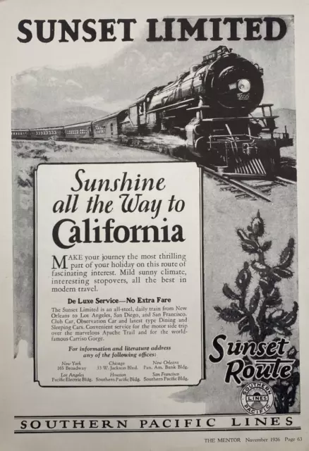 Southern Pacific Rail Lines Print Advert Art Ephemera Train Sunset Vtg 1926
