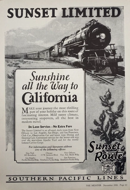 Southern Pacific Rail Lines Print Advert Art Ephemera Train Sunset Vtg 1926