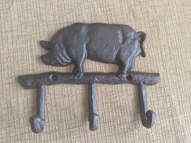 Pig Hog Cast Iron Wall 3 Hook key hat brown rustic farmhouse kitchen country