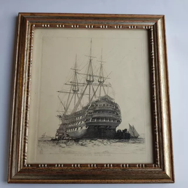 Antique 1829 Nelson British Navy HMS Prince sailing ship print etching engraving