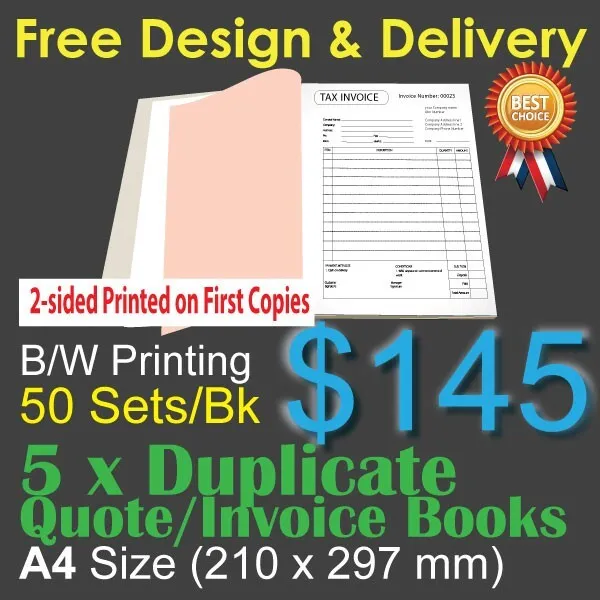 5 x A4 Customised Printed Duplicate QUOTE / Tax INVOICE Books *2-sided printing