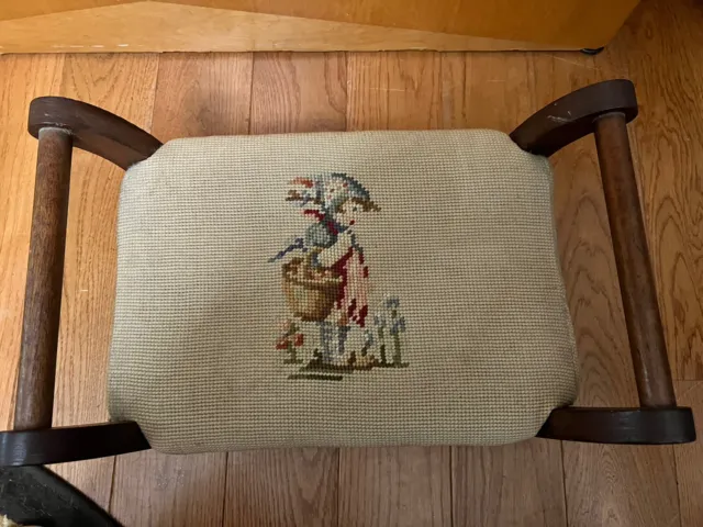 Antique Wooden Foot Stool w/ Hummel Inspired Needlepoint top