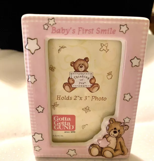 Gund Baby’s First Smile Picture Frame Teddy Bear Ceramic 3x4 Real Glass EUC