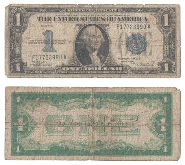 1934 $1 Silver Certificate "Funny Back" Fr 1606 Low Grade #3990