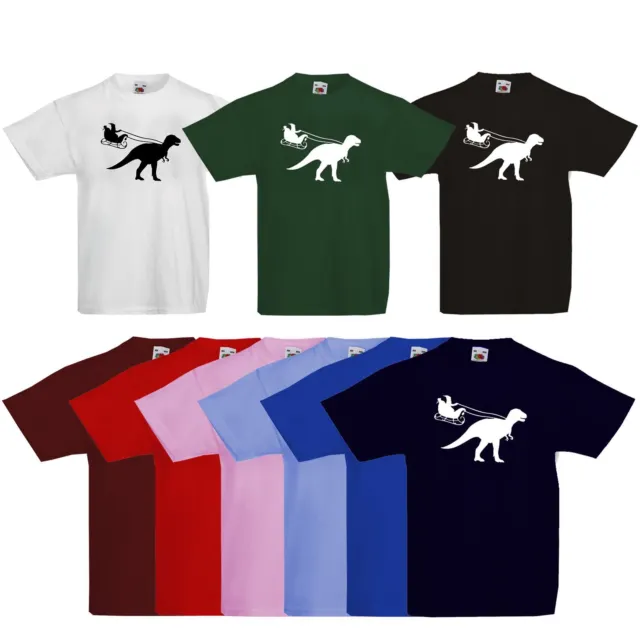 Kids Boys Girls Santa Sleigh Dinosaur T-Shirt Funny T-Rex Christmas Xmas Gift