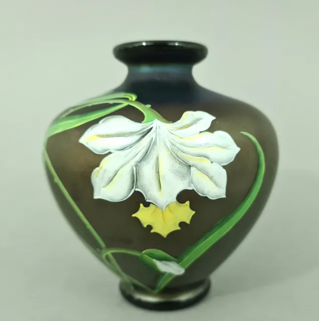 L0432 Glas Vase, Freiherr von Poschinger, Dekor Orchidee, Höhe 16 cm
