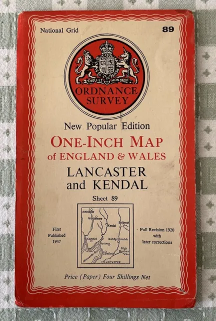Vintage OS Ordnance Survey One Inch Map - Lancaster & Kendal Sheet 89 c1947