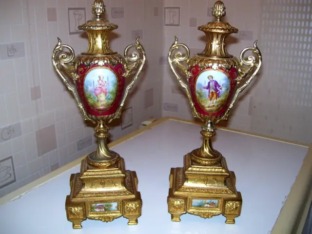 Pair Of Antique German Dresden Porcelain And Ormolu Vases / Urns.