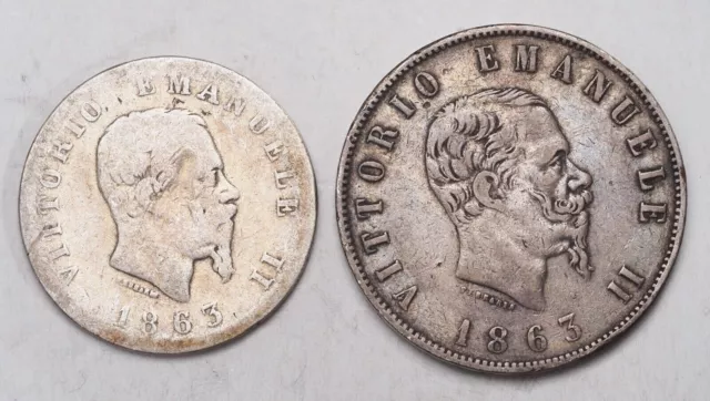 1863-T/N,  Italy  King Vittorio Emanuele II    Silver 1 & 2 Lire Coins. 2pcs!